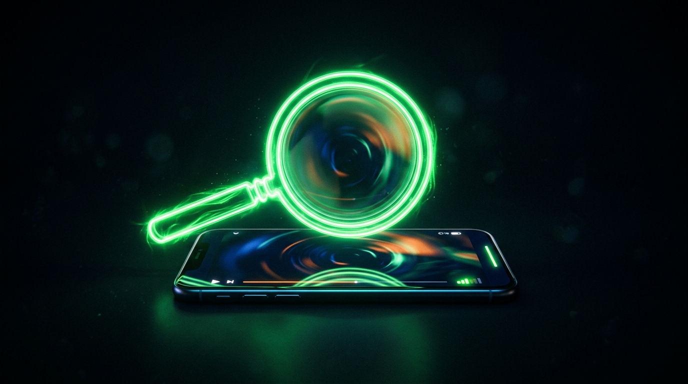 lupa de luz verde neon sobre um celular com feed de vídeo