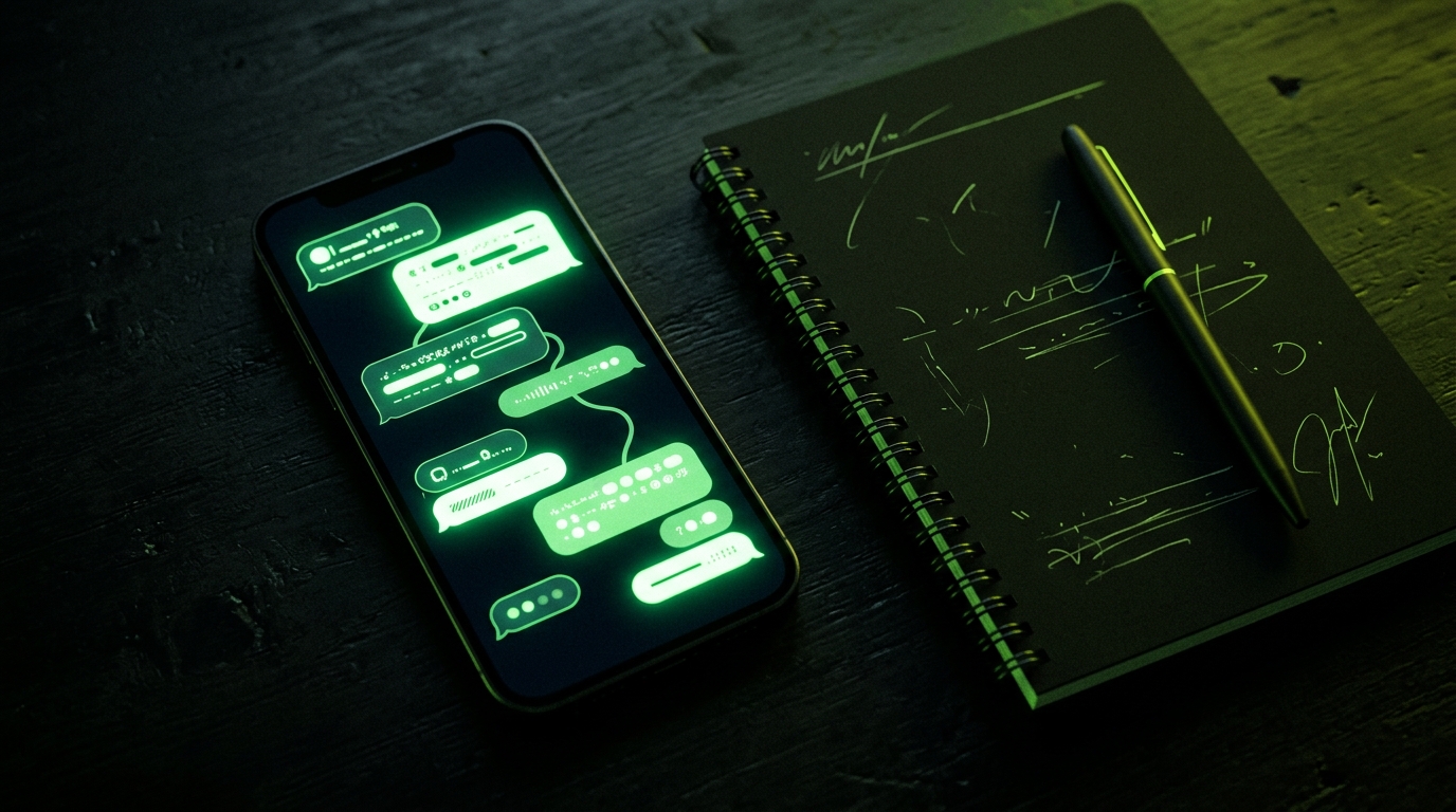 conversa de atendimento no celular como balões luminosos verde neon