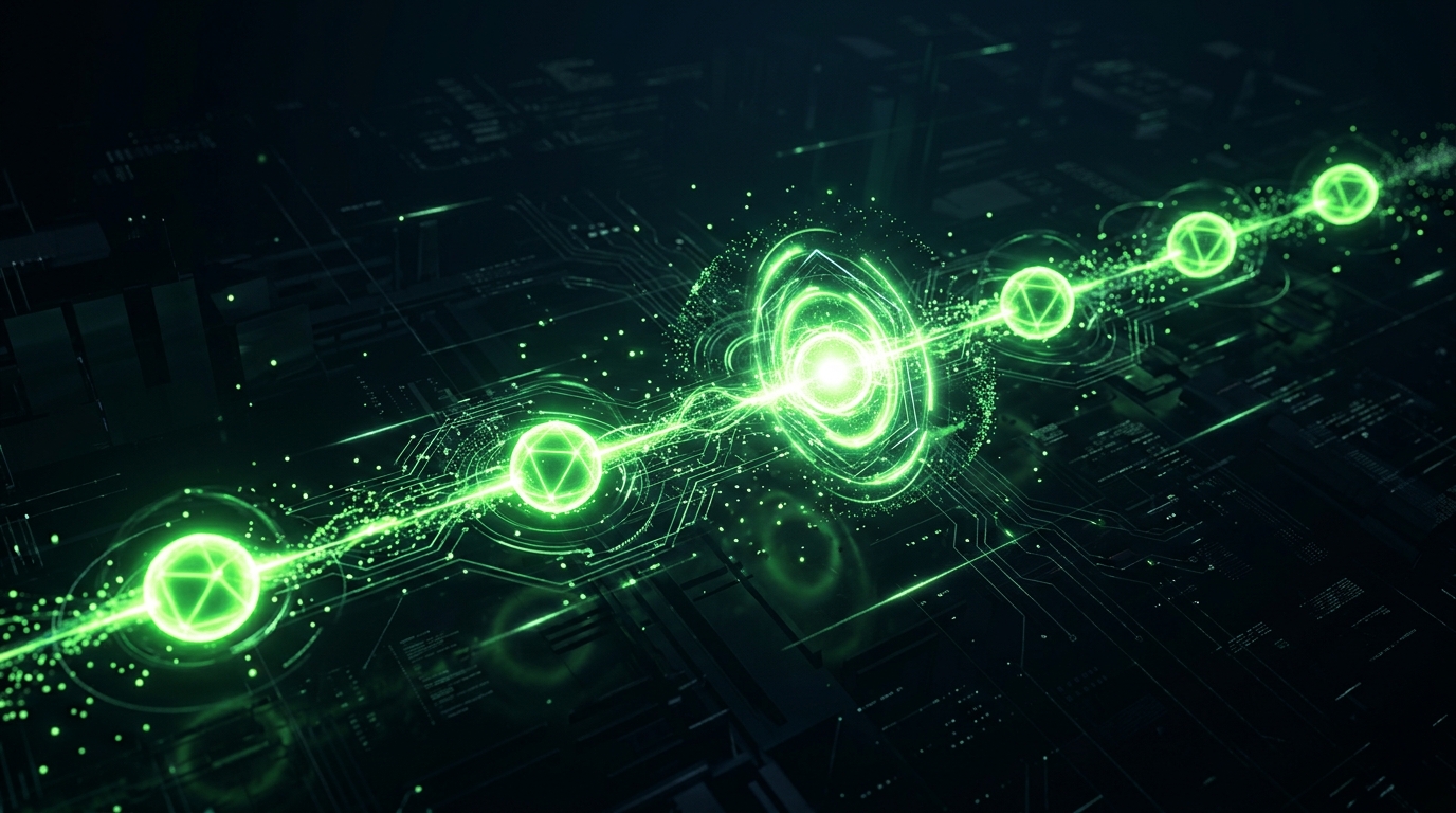 cadeia de cinco nós verde neon com um ponto de verificação luminoso destacado no meio do fluxo