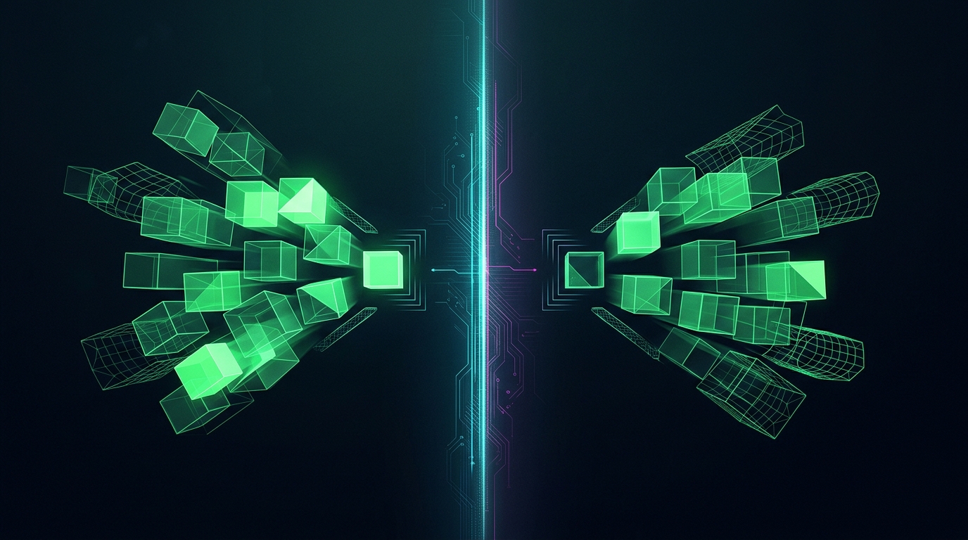 balança geométrica verde neon dividindo blocos luminosos em dois grupos, representando o que delegar e o que manter na mão