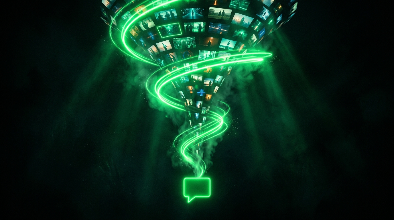funil de vendas luminoso em verde neon levando de vídeos curtos a uma conversa de mensagens