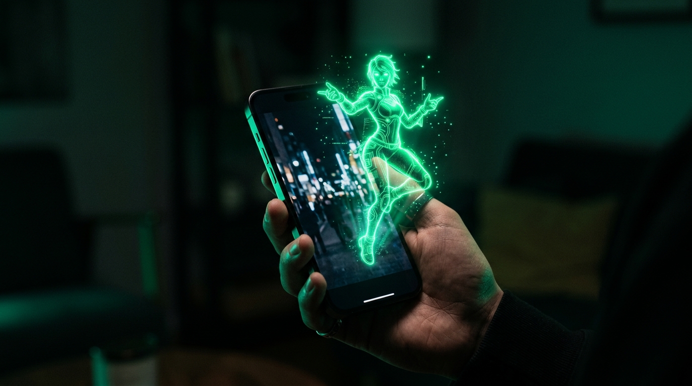 tela de celular com feed de vídeos em verde neon e um holograma de personagem digital convidando para a live