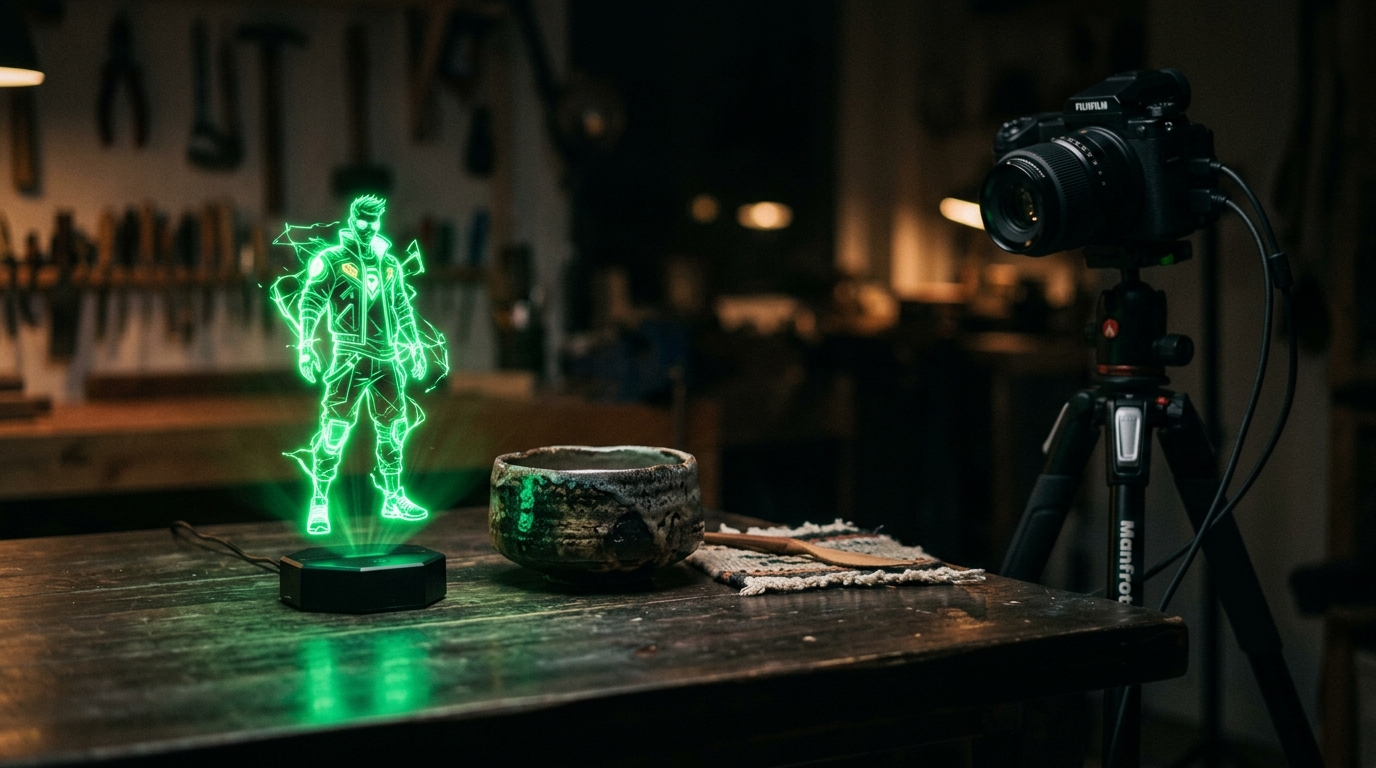 personagem digital holográfico narrando sobre imagens reais de produto em verde neon