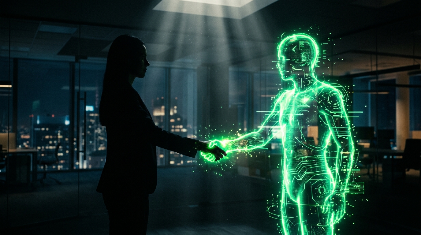aperto de mãos entre silhueta humana e personagem digital holográfico em verde neon