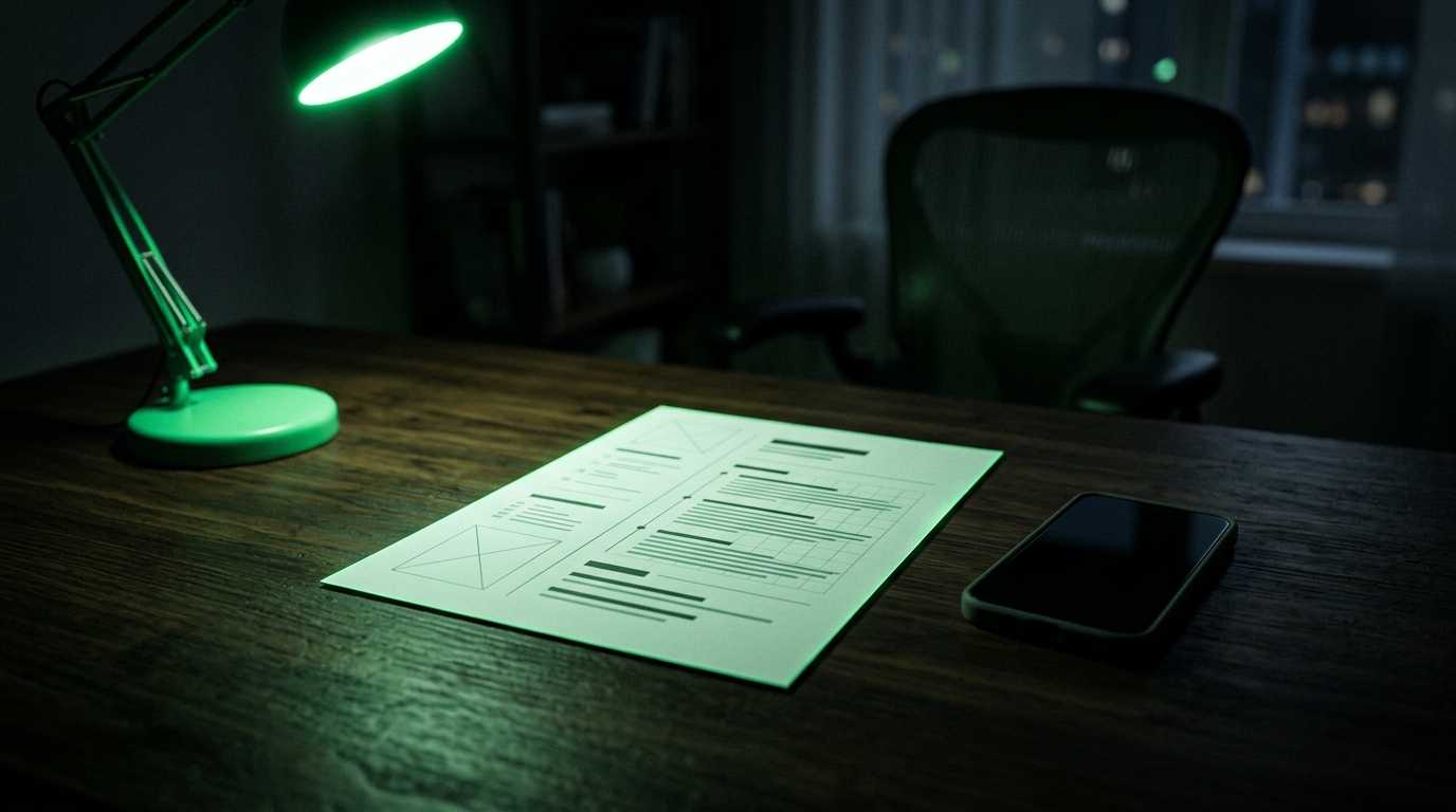 mesa escura com folha de currículo em branco iluminada por brilho verde neon e um celular ao lado