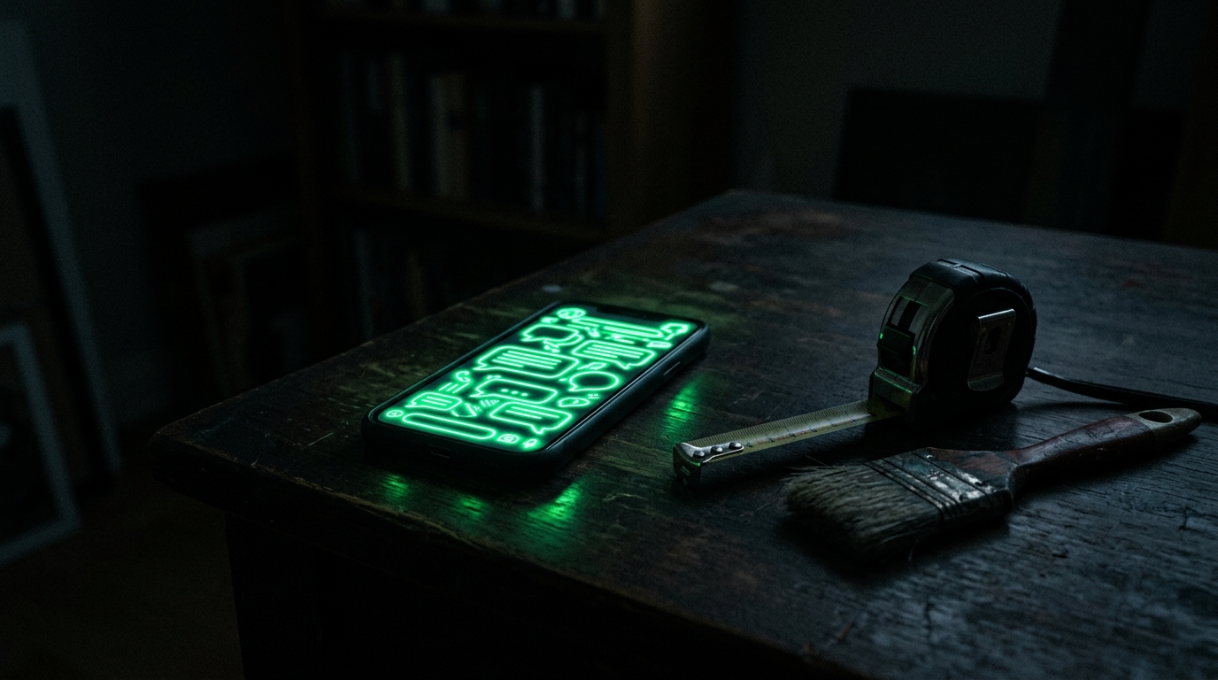 celular com conversa de orçamento sobre mesa escura com ferramentas e brilho verde neon
