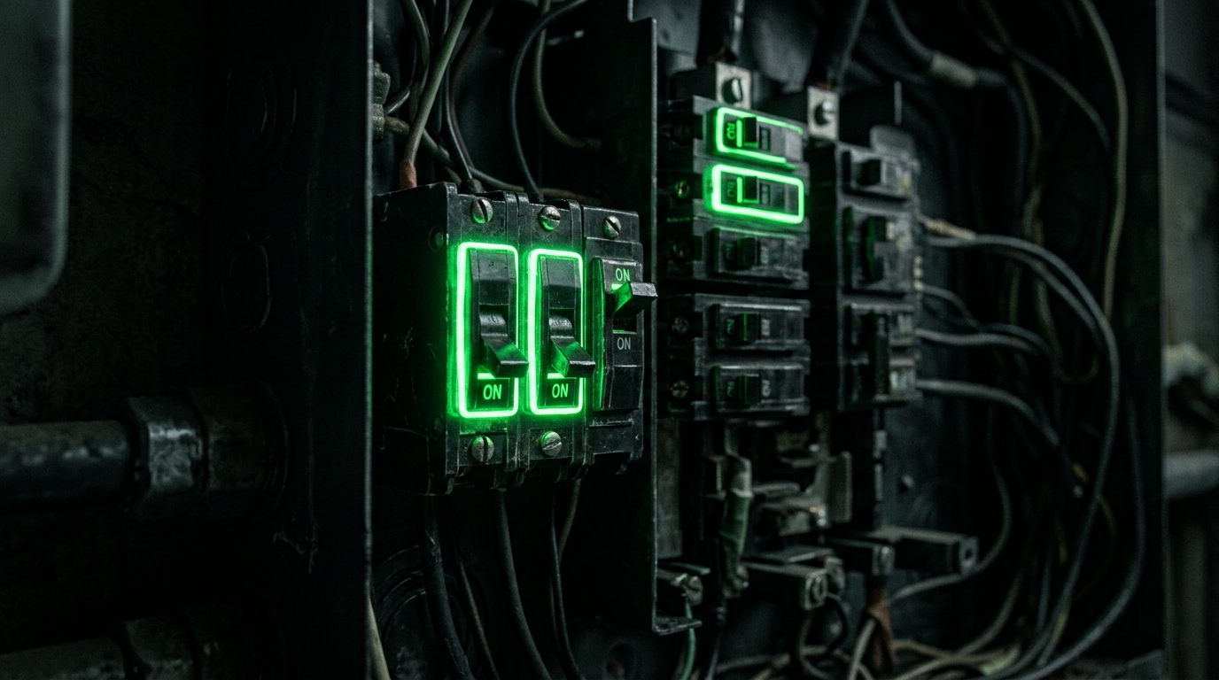 painel elétrico escuro com disjuntores iluminados por luz verde neon