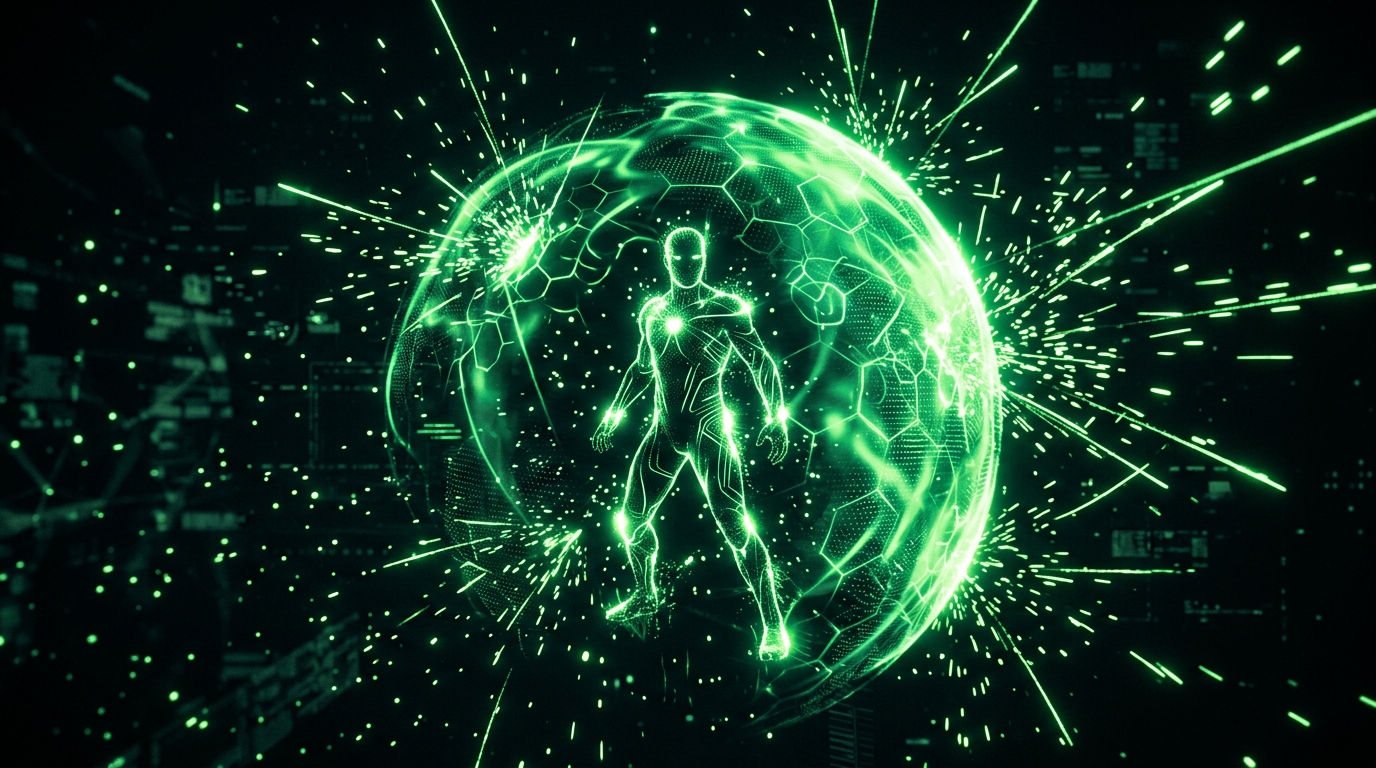 escudo digital verde neon protegendo um personagem de ia em ambiente escuro