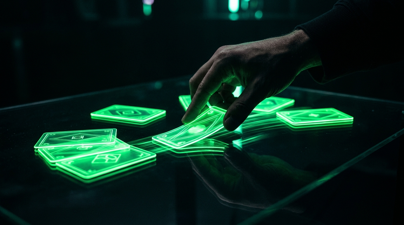 mão arrastando cartões luminosos verde neon para reordenar em fundo escuro