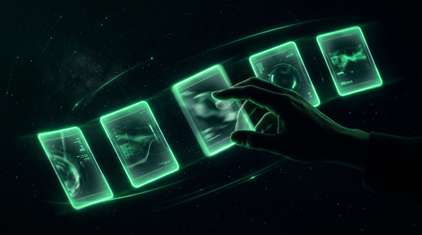 cartões de imagem holográficos organizados em sequência com brilho verde neon