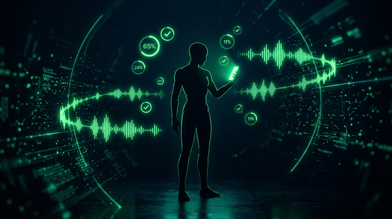 personagem de ia com enquetes e áudios flutuando em verde neon