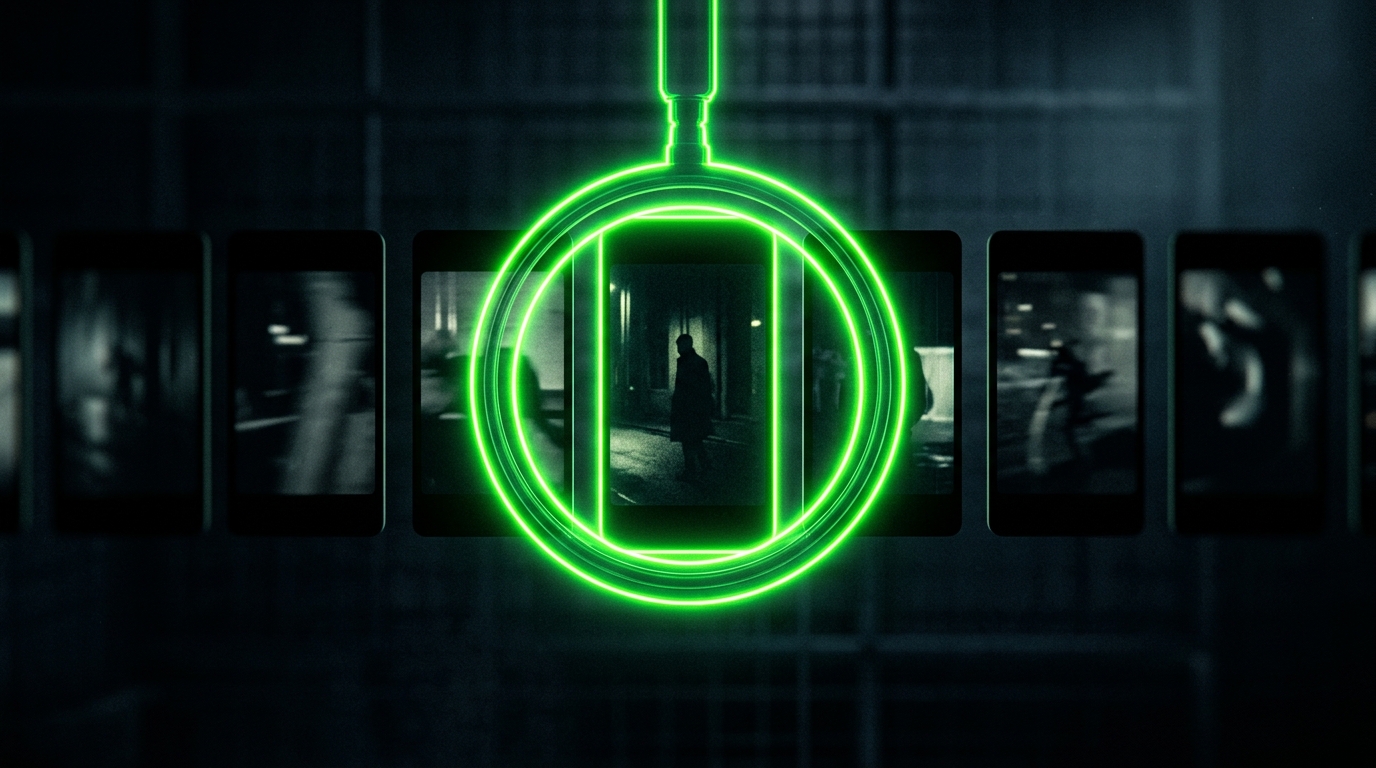 lupa de luz verde neon destacando um vídeo vertical entre vários