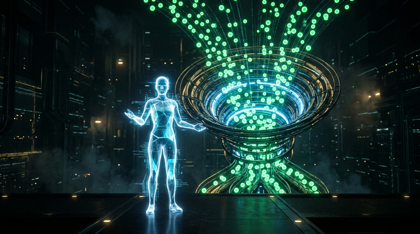 personagem de ia diante de um funil de temas em verde neon