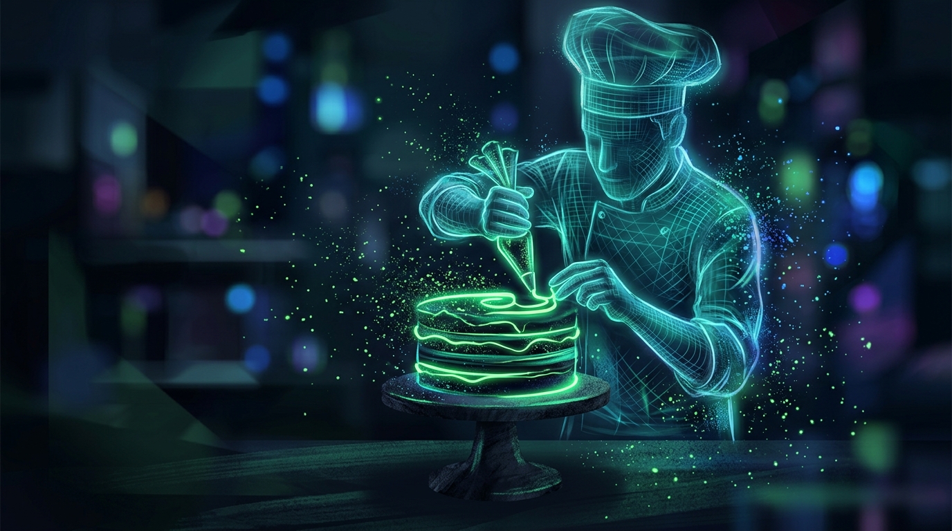confeiteira holográfica de ia decorando um bolo com partículas verde neon