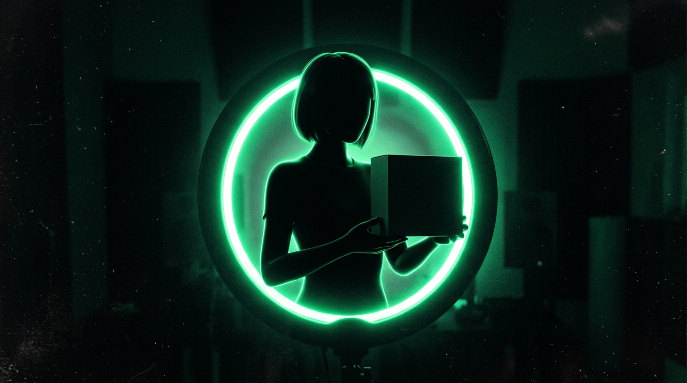 apresentadora de ia segurando produto diante de câmera em luz verde neon