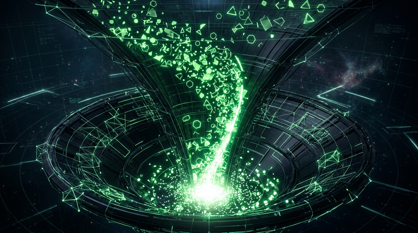 formas geométricas verde neon fluindo por um funil abstrato escuro em direção a pontos de conversão iluminados