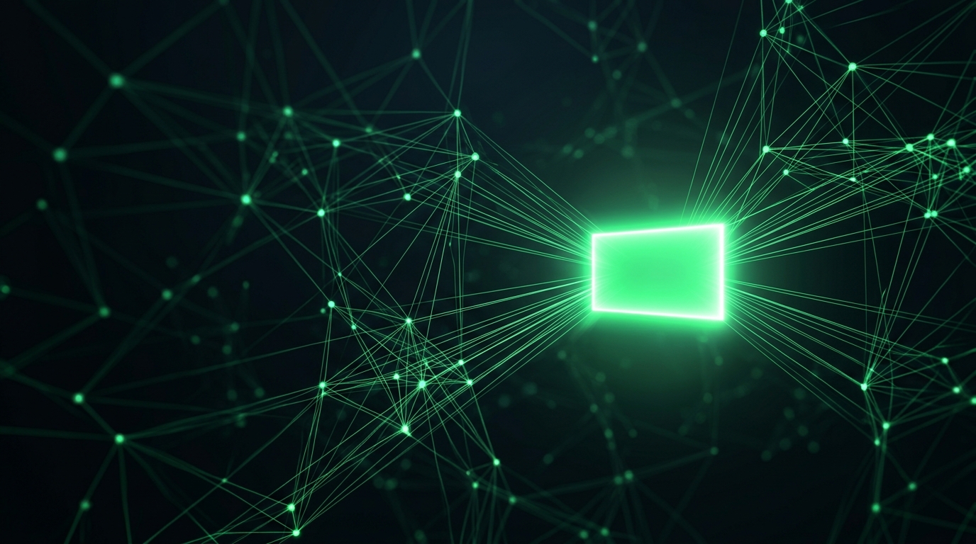 rede holográfica verde neon de nós conectados convergindo para um cartão retangular destacado