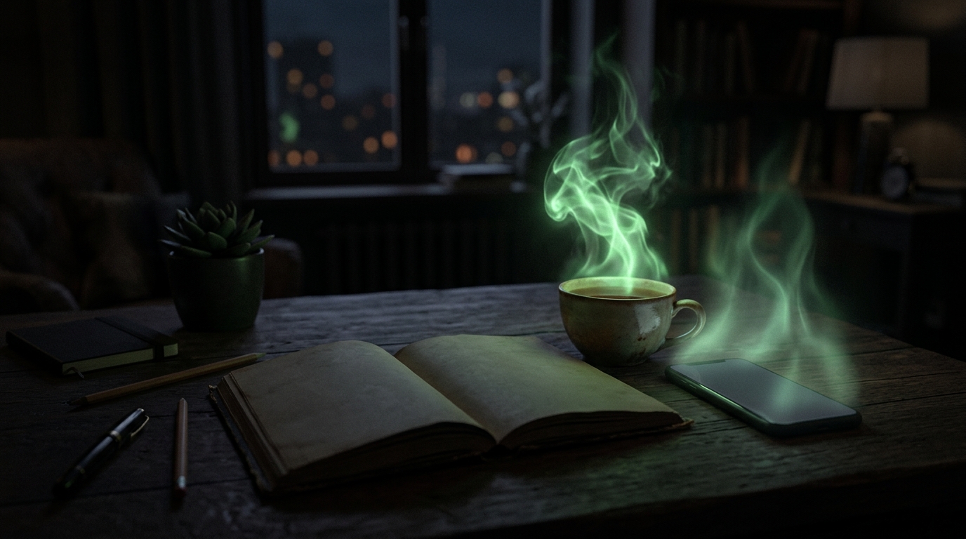 caderno e xícara iluminados em verde neon numa mesa escura