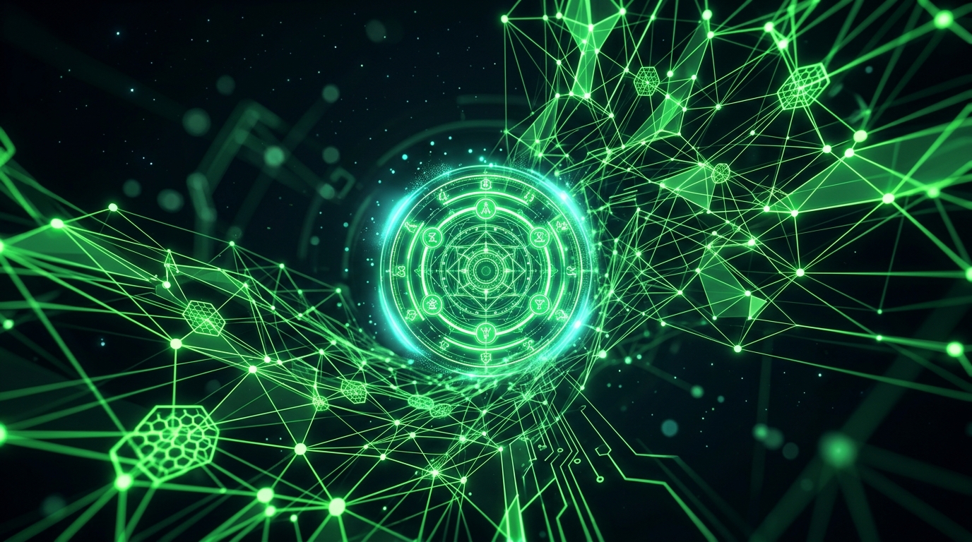 rede de nós verde neon convergindo pra um selo luminoso em fundo escuro, representando conformidade na publicidade com ia
