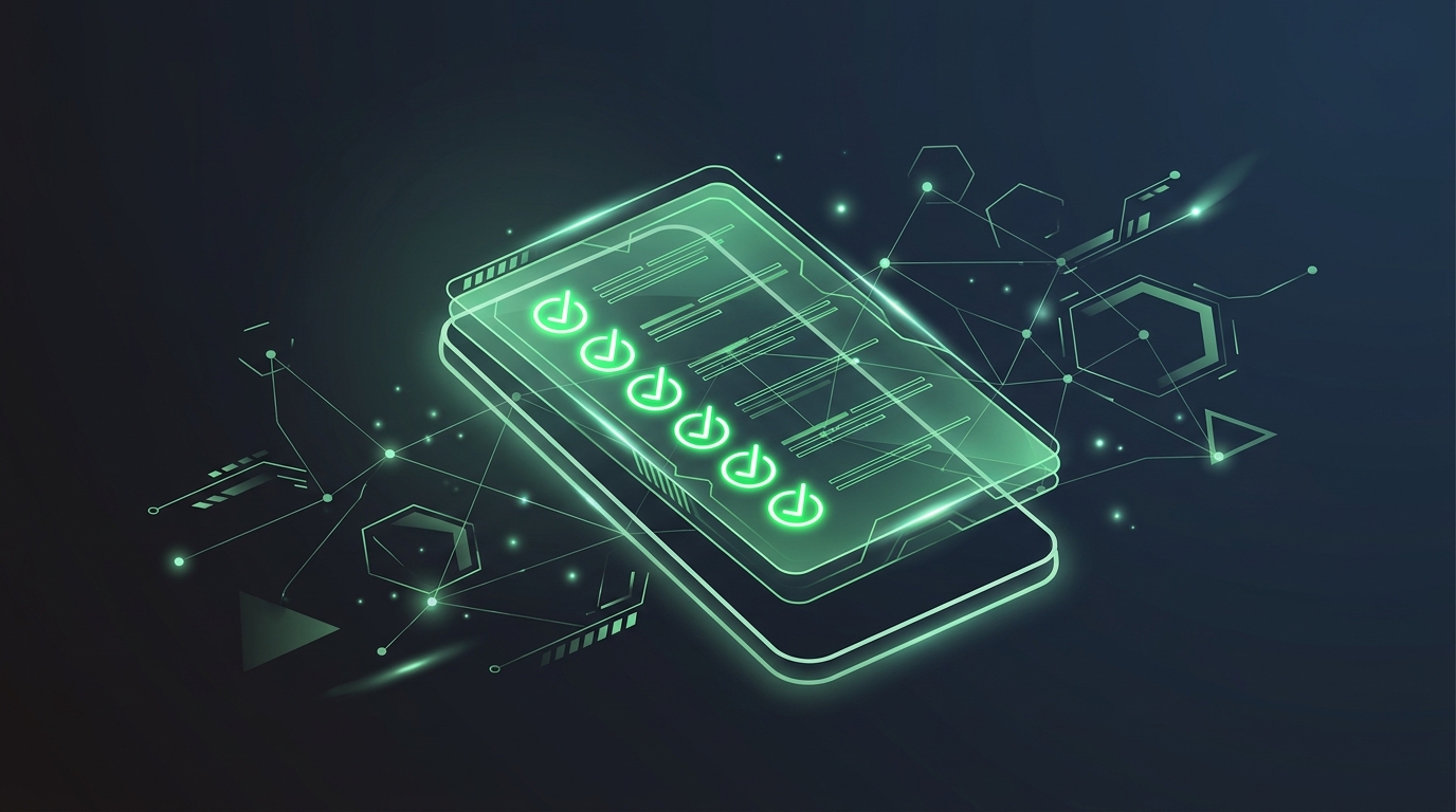 tela de celular holográfica verde neon com checklist luminoso de revisão