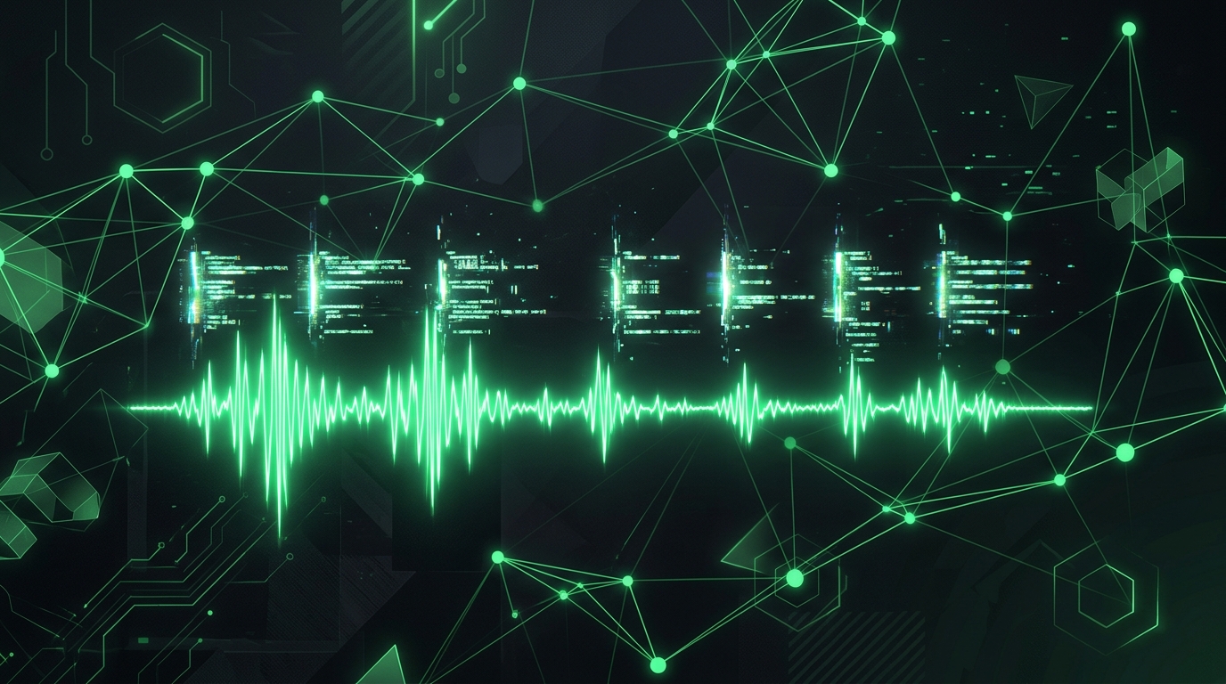 blocos curtos de texto holográficos verde neon sincronizados com uma onda sonora