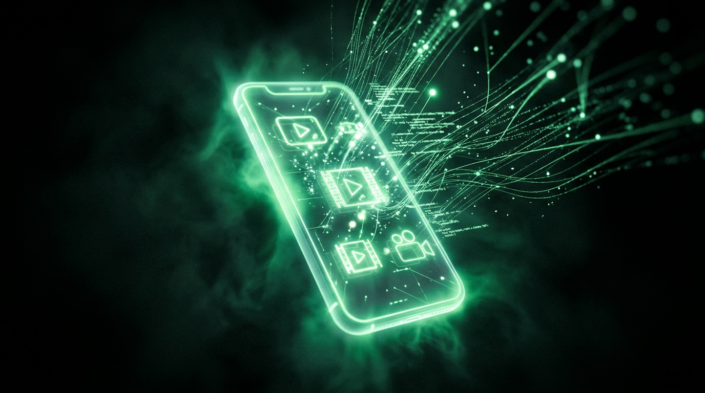 smartphone holográfico em verde neon com ondas de dados