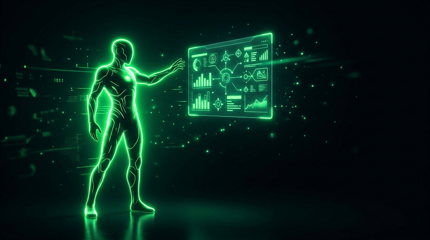 personagem digital apresentando plano de celular em tela holográfica