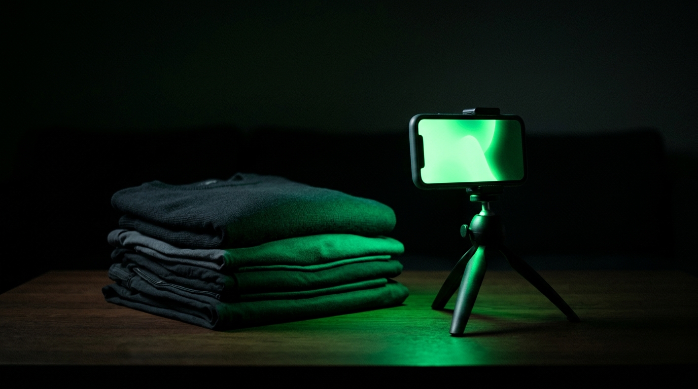 peças dobradas e celular em tripé com luz verde neon