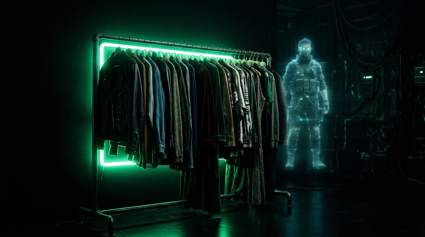 arara de roupas vintage com brilho verde neon