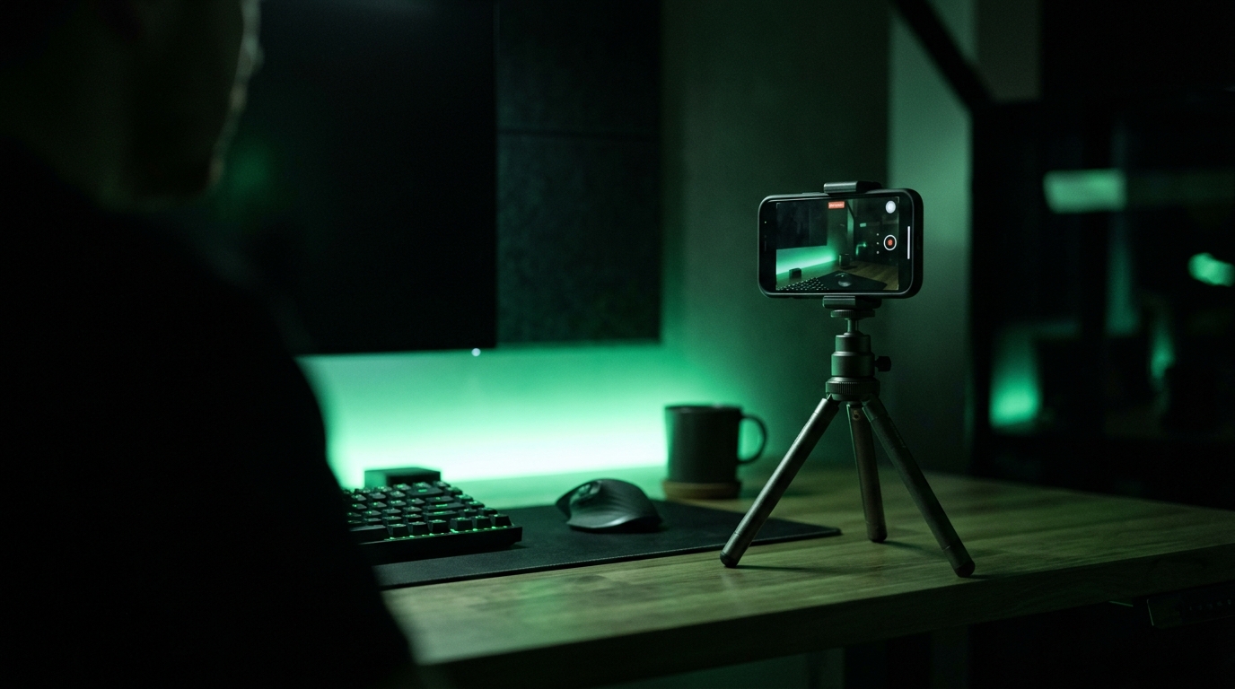 mesa de trabalho com celular em tripé gravando