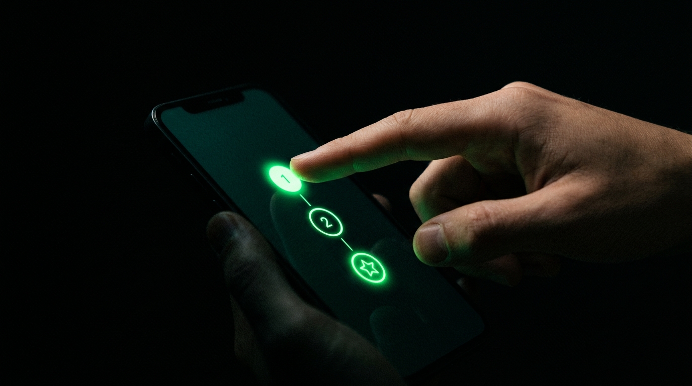 mão apontando para tela de celular com passos em verde neon