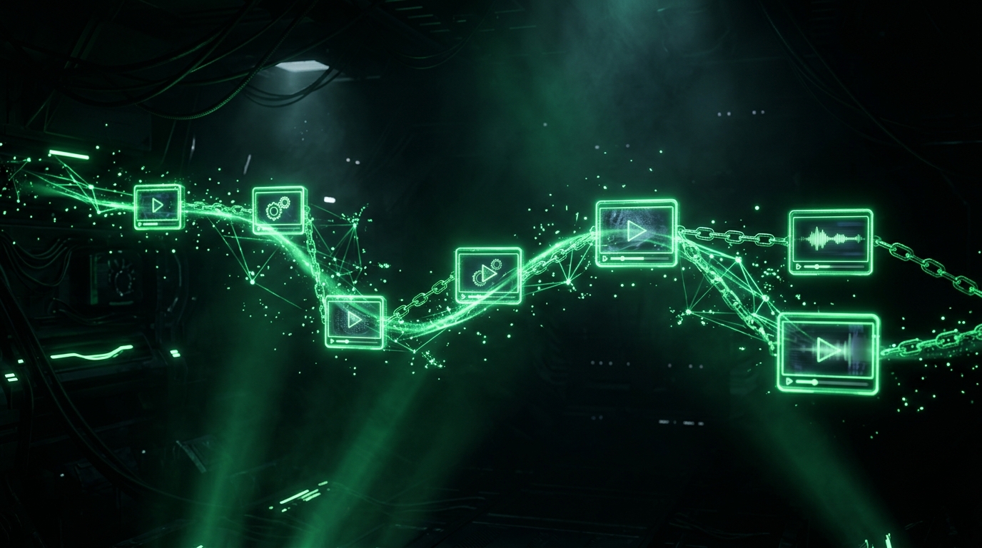 rede holográfica verde neon conectando pequenos clipes de vídeo encadeados, estilo cinematográfico escuro