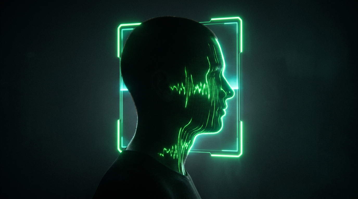 moldura holográfica verde neon escaneando um rosto com forma de onda de voz, estilo cinematográfico escuro