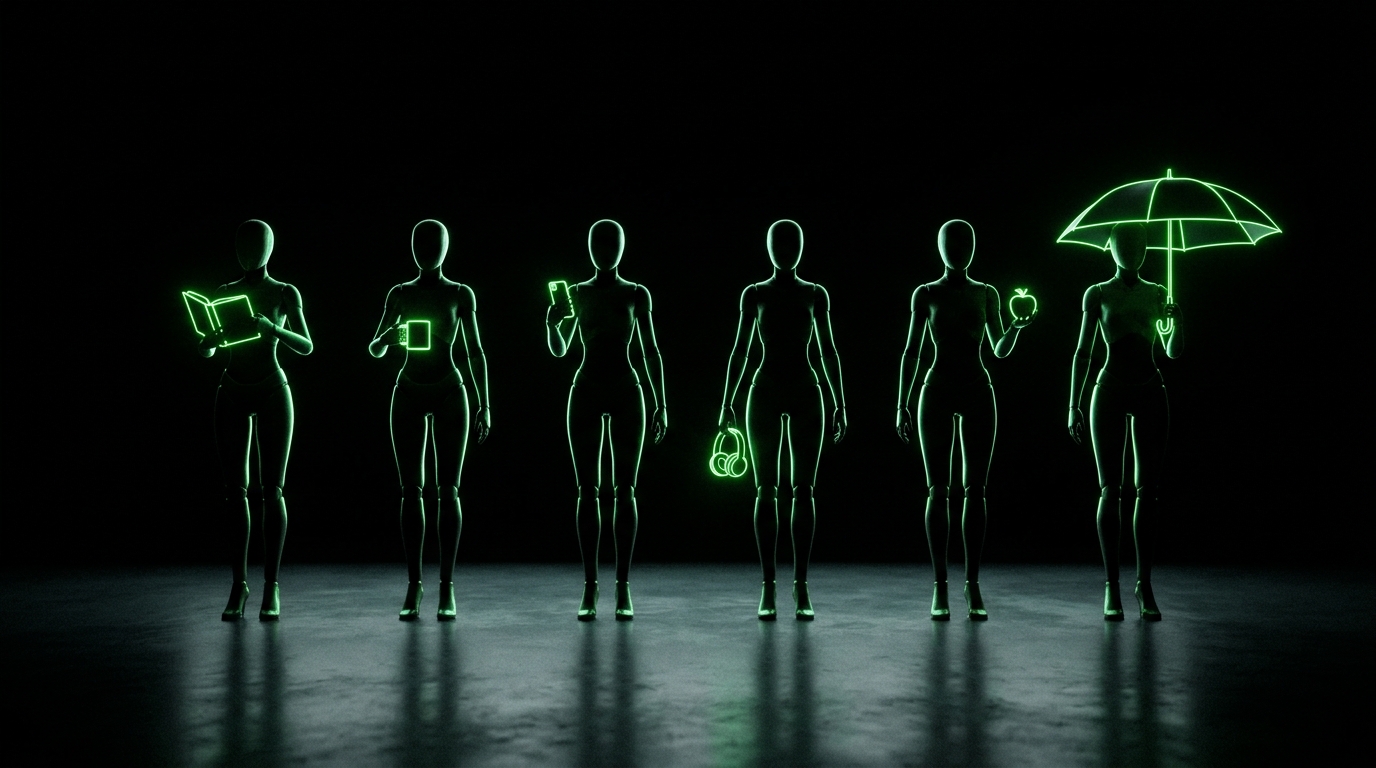 seis personagens de ia em silhueta com brilho verde neon