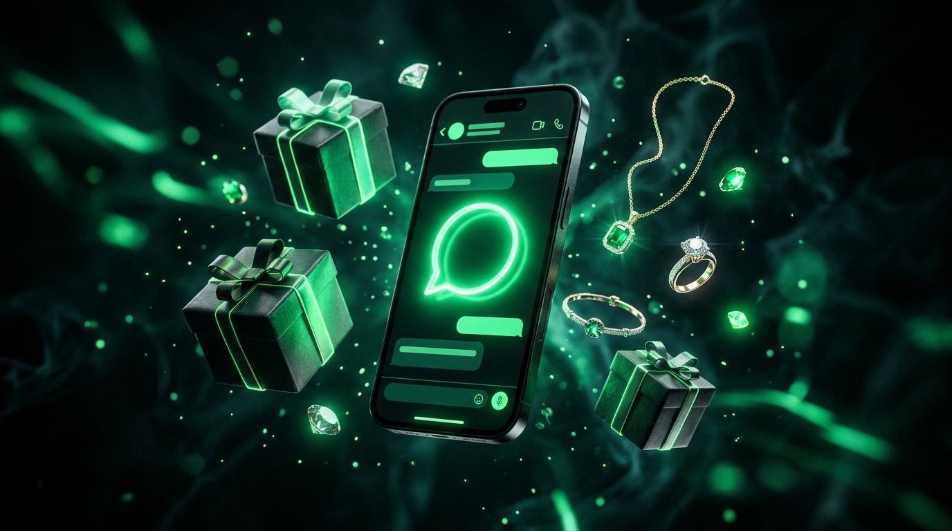smartphone com conversa de vendas e produtos flutuando