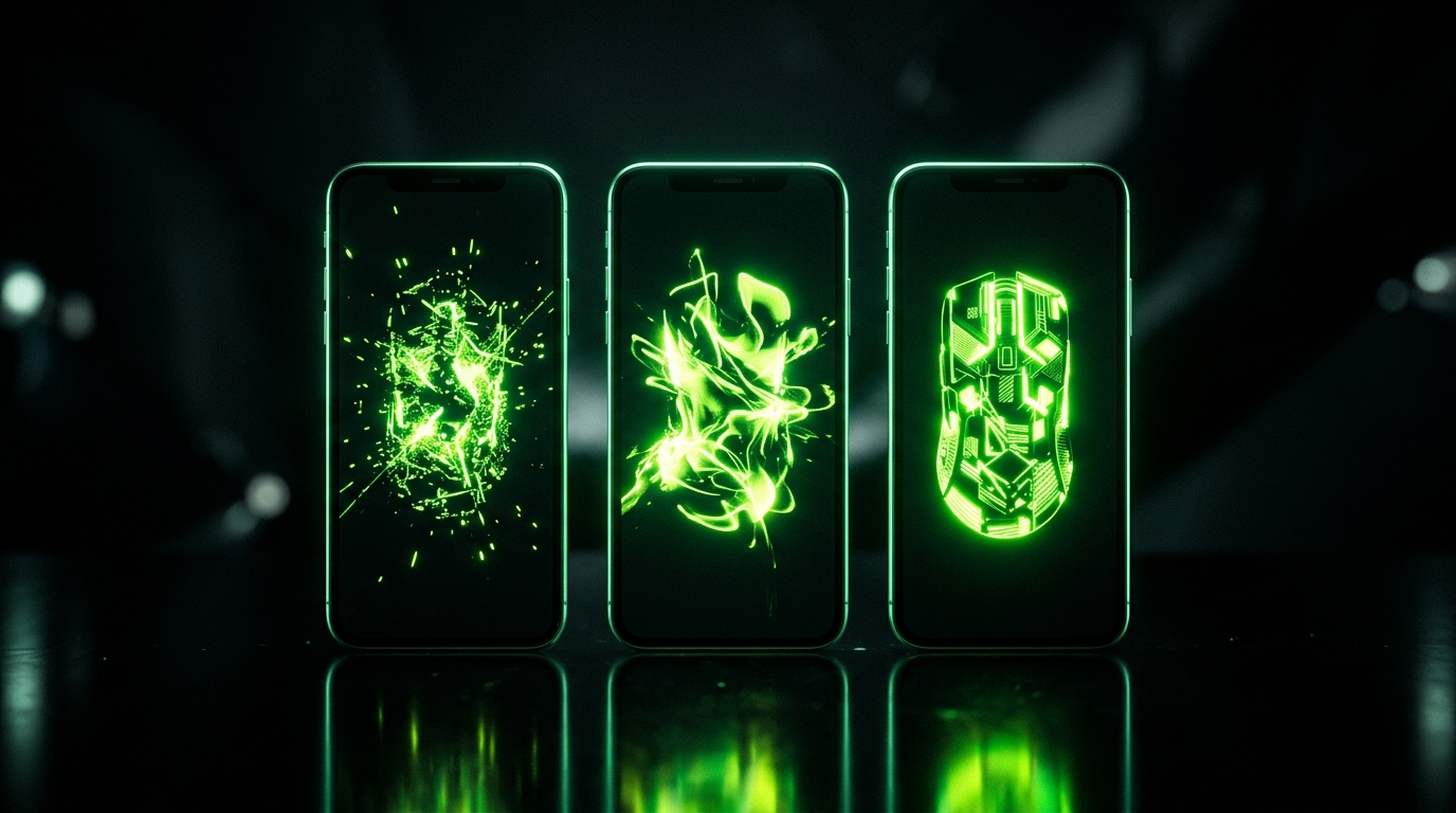 três telas de vídeo vertical em sequência com brilho verde neon