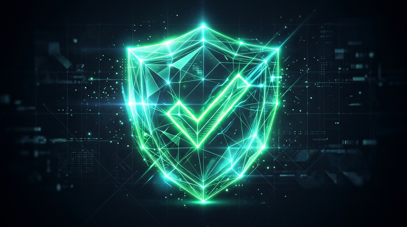 escudo holográfico verde neon com marca de verificação sobre fundo escuro, representando identidade verificada