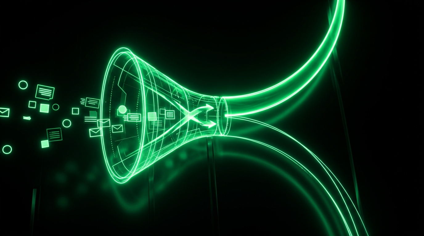 funil de mensagens verde neon se dividindo entre resposta automática e escalonamento humano, sobre fundo escuro cinematográfico