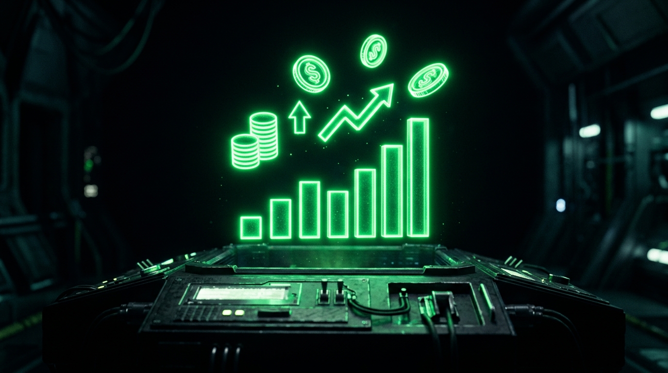 gráfico de moedas e linhas de crescimento em verde neon holográfico flutuando sobre um painel escuro cinematográfico