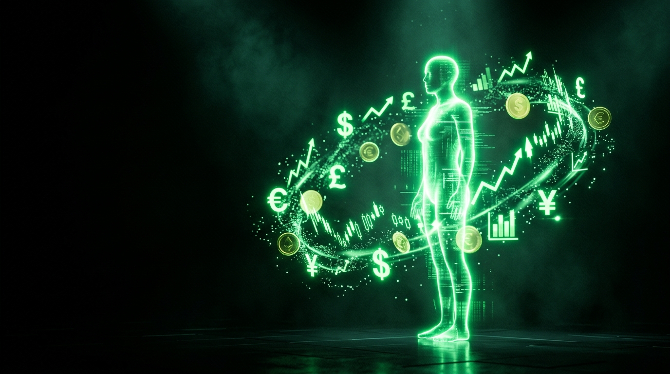 silhueta de avatar financeiro em verde neon cercada por ícones de moeda e gráfico, estilo cinematográfico escuro