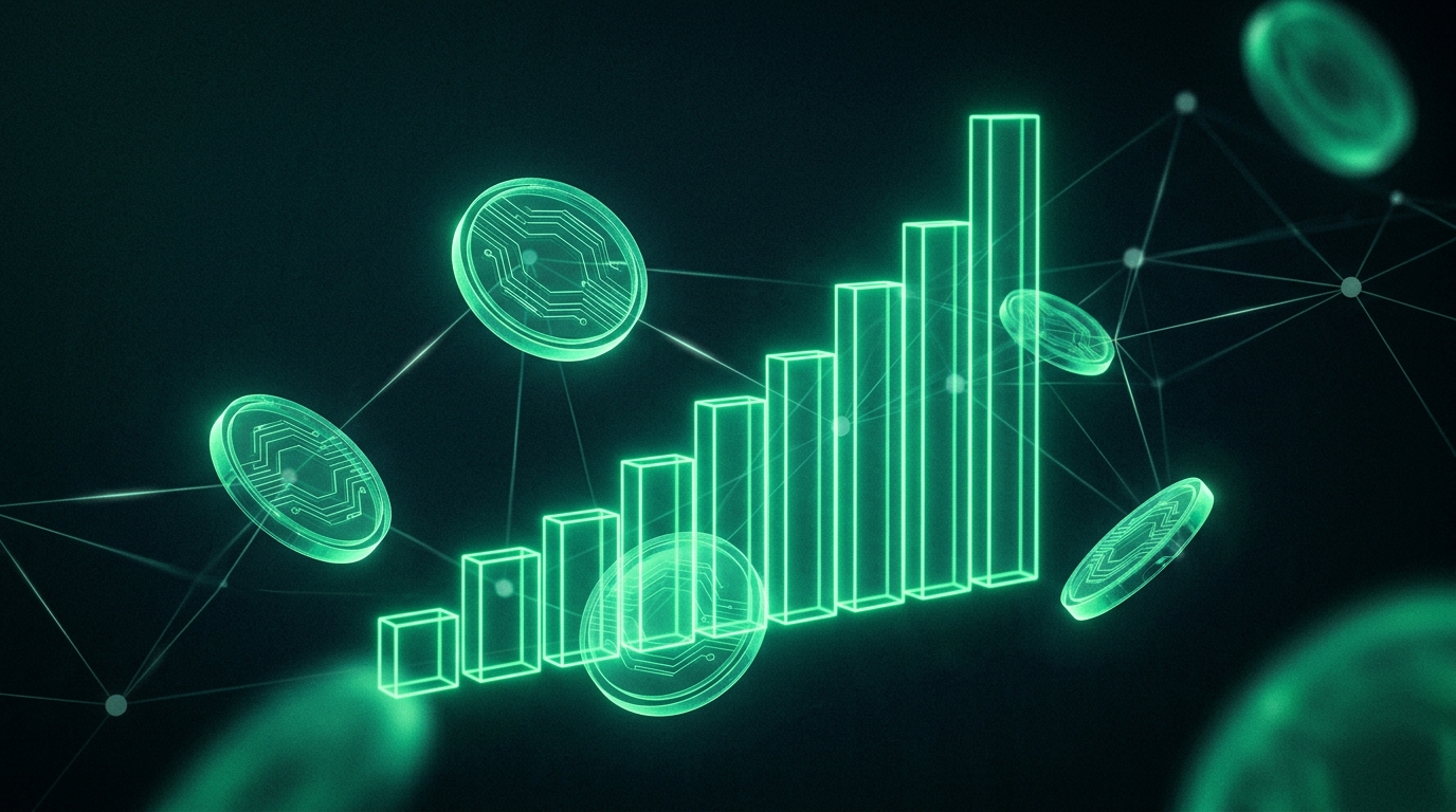 gráfico de barras holográfico verde neon com moedas geométricas flutuantes representando comissões de vendas sobre fundo escuro