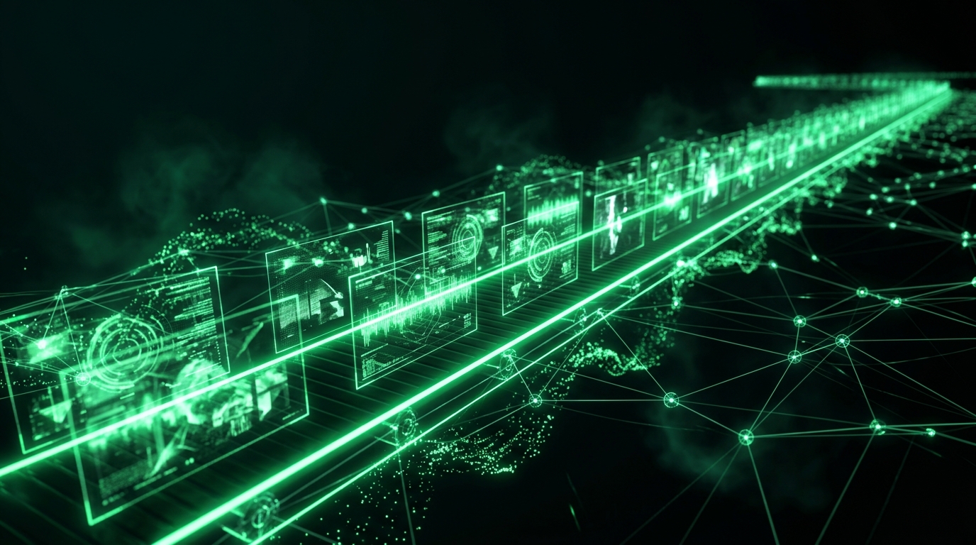 esteira de painéis de vídeo holográficos verde neon em sequência representando produção de conteúdo em escala sobre fundo escuro