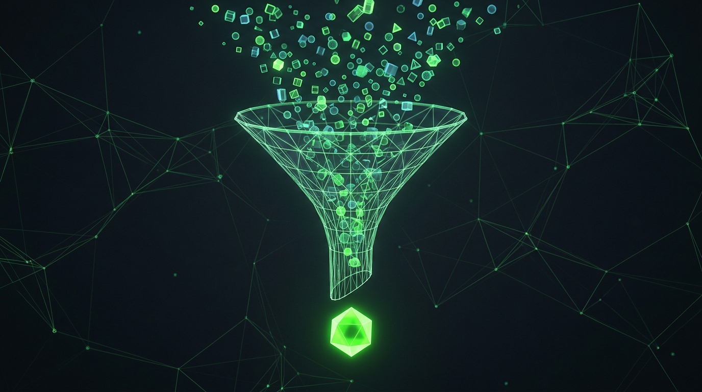 funil holográfico verde neon filtrando muitas formas geométricas até restar uma em destaque, representando o teste de variações de criativo até achar o vencedor