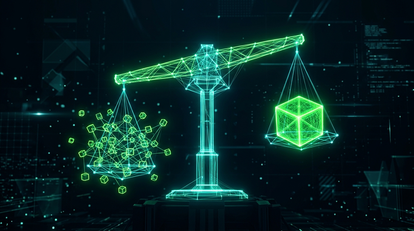 balança holográfica verde neon comparando um cubo denso e vários cubos pequenos, representando o custo de um criador humano contra dezenas de vídeos de ia
