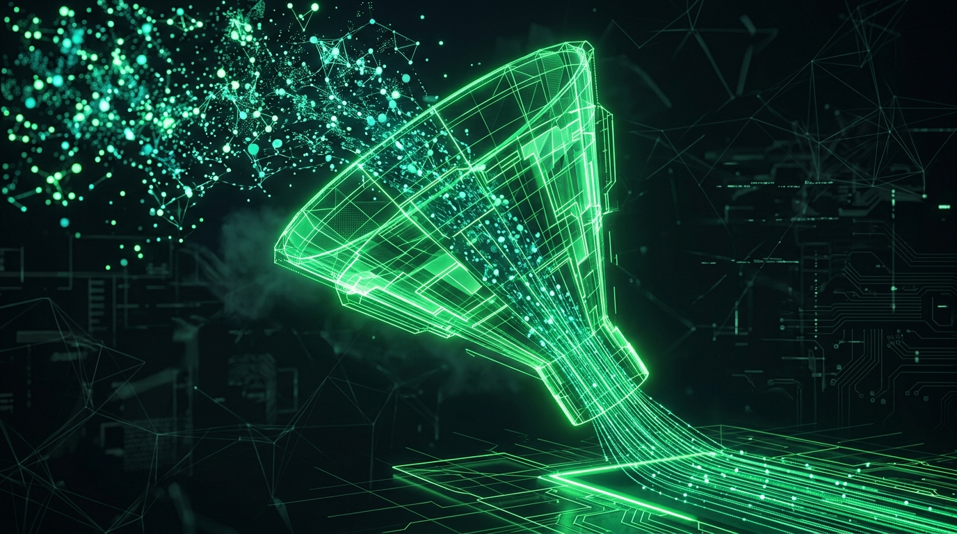 funil holográfico verde neon convertendo fluxo de nós dispersos em linha ordenada sobre fundo escuro, representando funil de conversão de audiência