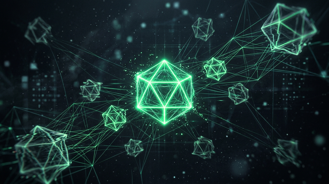 forma holográfica verde neon se duplicando em versões levemente distorcidas sobre fundo escuro, representando a perda de identidade visual do personagem