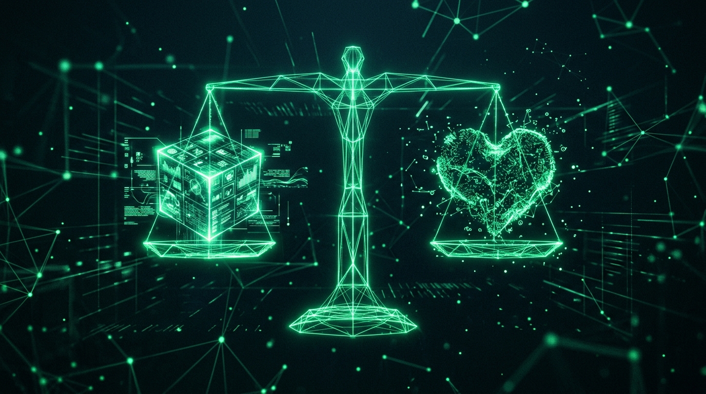 balança holográfica verde neon equilibrando um bloco de dados geométricos e um coração de partículas, sobre fundo escuro futurista