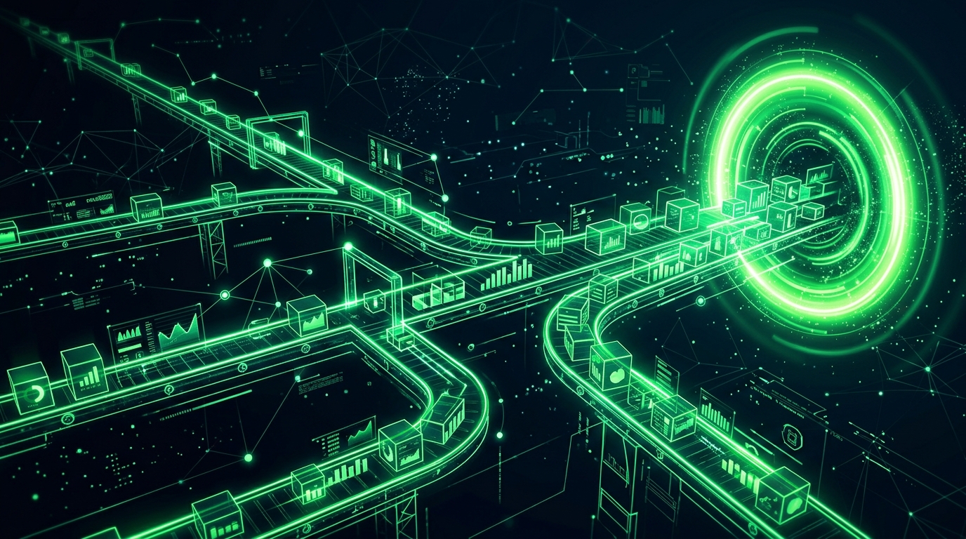 fluxo de roteiros representado por trilhos holográficos verde neon conduzindo blocos geométricos até um alvo luminoso em fundo escuro