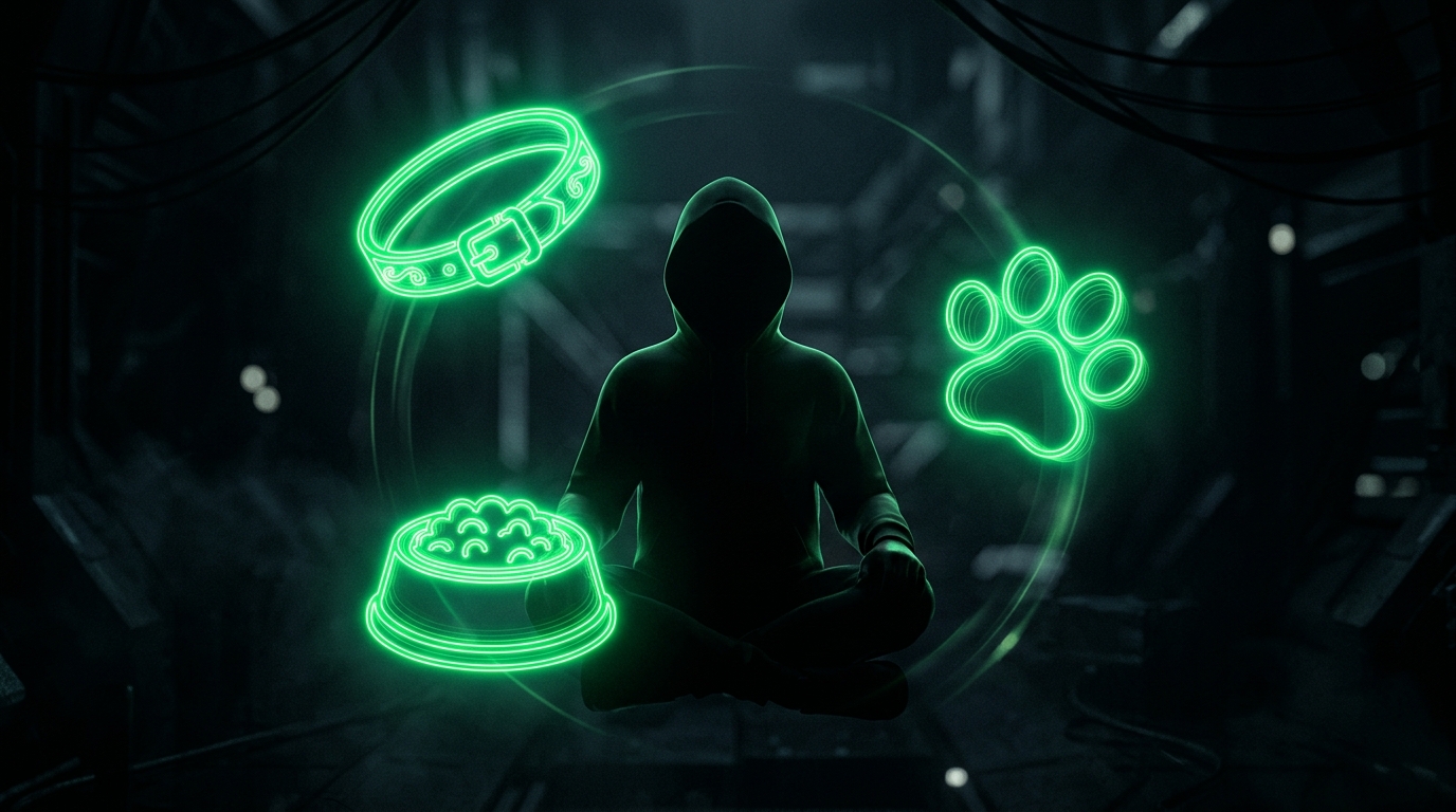 holograma verde neon de coleira, tigela e pata de cachorro ao redor de uma silhueta de avatar, estilo cinematográfico escuro