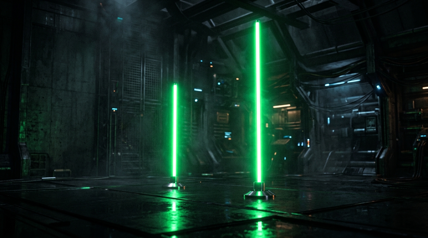 duas colunas de luz verde neon representando comparação de personas de nicho, estilo escuro cinematográfico